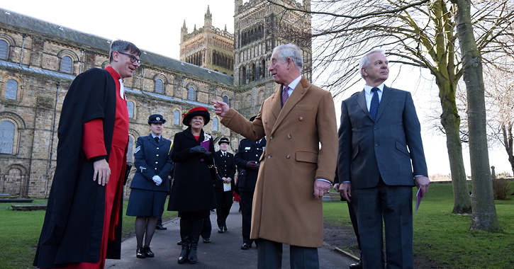 Prince Charles stood outside Durham Cathedral with several other people - image copywrite Durham Cathedral